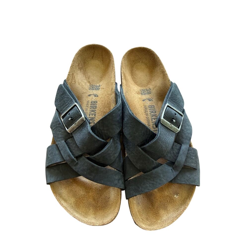 Birkenstock Lugano Oiled Leather Sandals 38 Black Cross Strap Slides Granola
